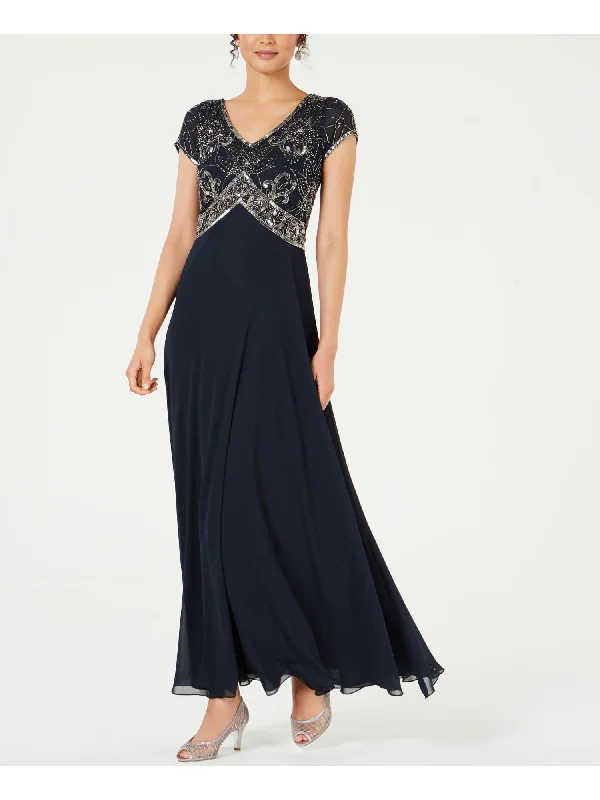 Early Bird Discount JKARA Womens Beaded Cap Sleeve V Neck Maxi Evening Sheath Dress
