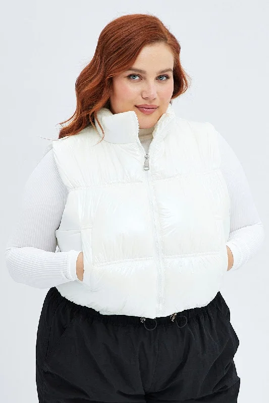 Act Fast White Puffer Vest Sleeveless Shiny Crop