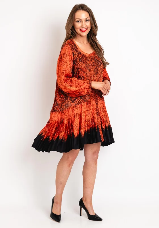 Overstock Sale Natalia Collection One Size Scattered Print Pleated Smock Mini Dress, Orange