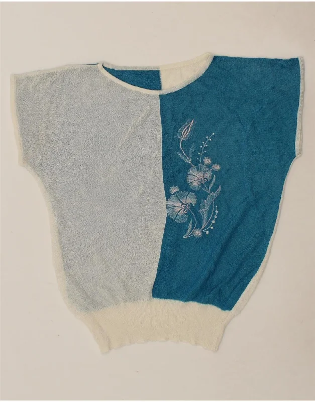 Bargain Bin VINTAGE Womens Short Sleeve Boat Neck Jumper Sweater UK 14 Large Blue