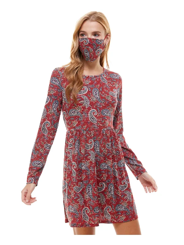 Huge Discounts BEBOP Womens Red Glitter W/ Mask Paisley Long Sleeve Crew Neck Short Fit + Flare Dress Huge Discounts BEBOP Womens Red Glitter W/ Mask Paisley Long Sleeve Crew Neck Short Fit + Flare Dress