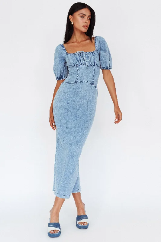 Buy More, Save More Juneau Puff Sleeve Midi Dress Denim Blue