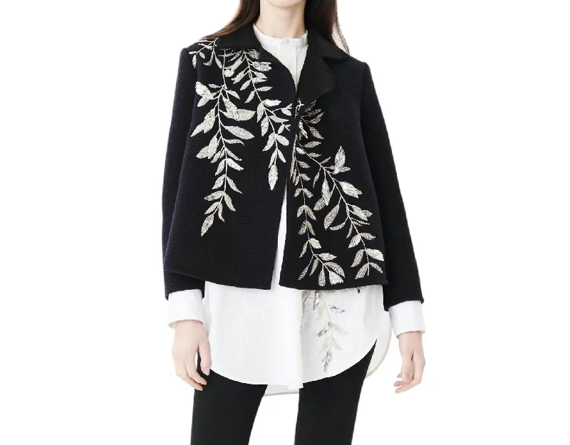 Closeout Beaded Embroidery Open Front Wool Blazer In Black