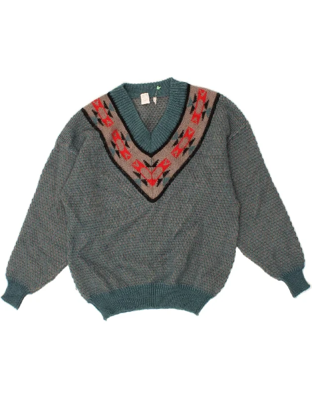 Markdowns VINTAGE Womens V-Neck Jumper Sweater IT 54 3XL Blue Fair Isle Alpaca Wool