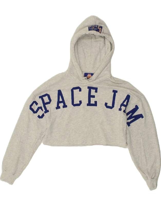 Epic Deals PULL & BEAR Womens Graphic Crop Hoodie Jumper UK 14 Medium Grey Cotton