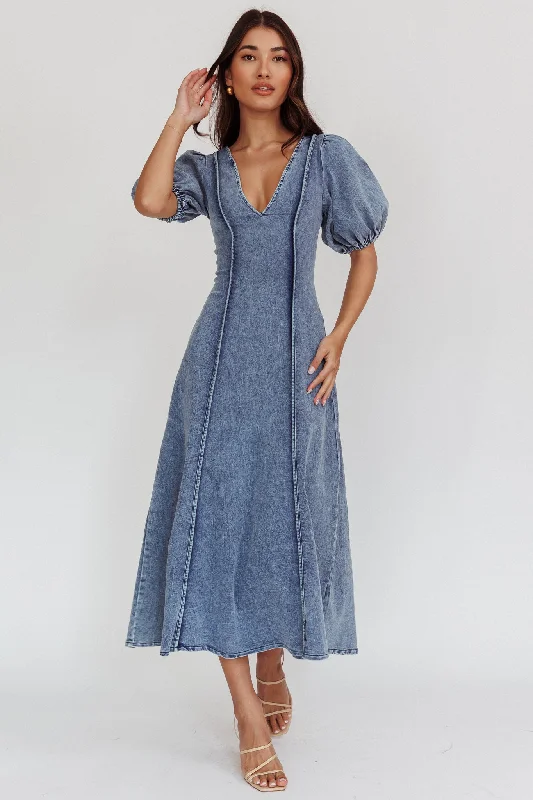 Savings Event Morgane Puff Sleeve V-Neck Midi Dress Light Denim Blue
