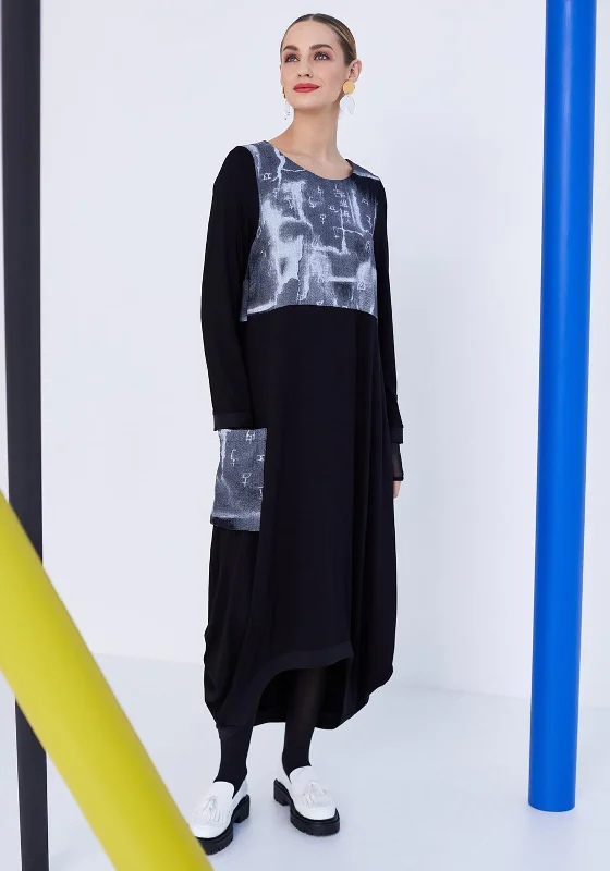 Limited Availability Naya Round Neck Panel Print Midi Dress, Black