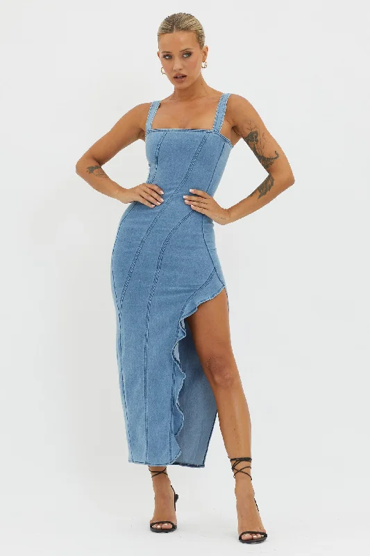 Daily Deals Catriona Ruffle Split Midi Dress Denim