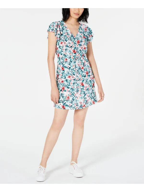 Factory Direct Sale MAISON JULES Womens White Floral Cap Sleeve V Neck Above The Knee Shift Dress Factory Direct Sale MAISON JULES Womens White Floral Cap Sleeve V Neck Above The Knee Shift Dress