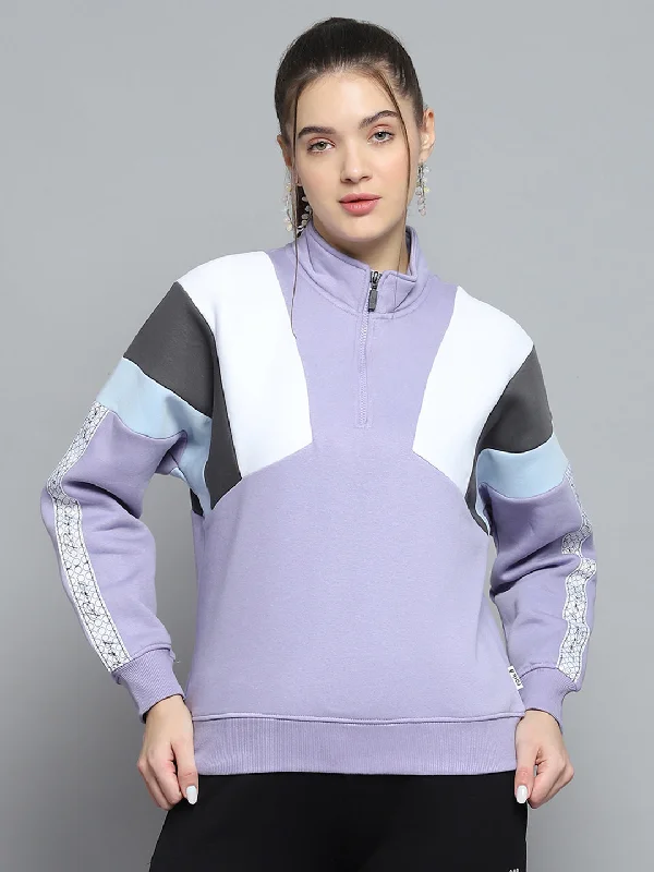 Closeout Women Purple Solid Mock Neck Full Sleeve Sweatshirt