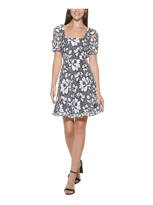 Can't Miss KENSIE DRESSES Womens Black Zippered Lined Floral Pouf Sleeve Square Neck Short Party Fit + Flare Dress