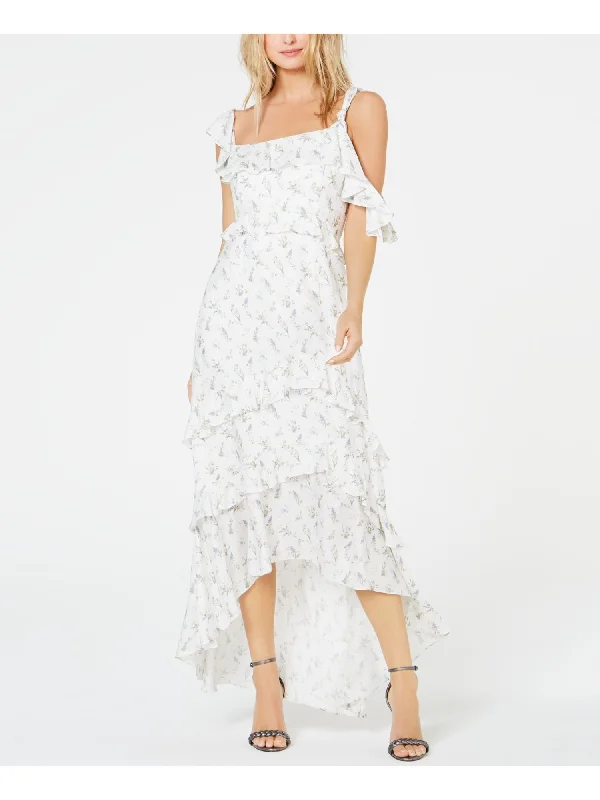 Daily Deals RACHEL ZOE Womens Ivory Ruffled Printed Sleeveless Square Neck Maxi Formal Hi-Lo Dress