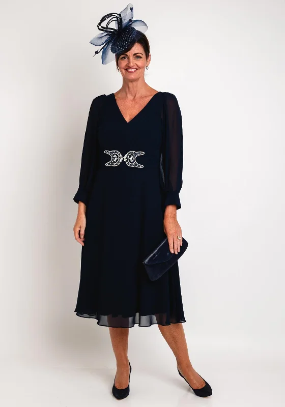 Stock Clearance Lizabella Sheer Sleeve Embellished Waist Midi Dress, Navy