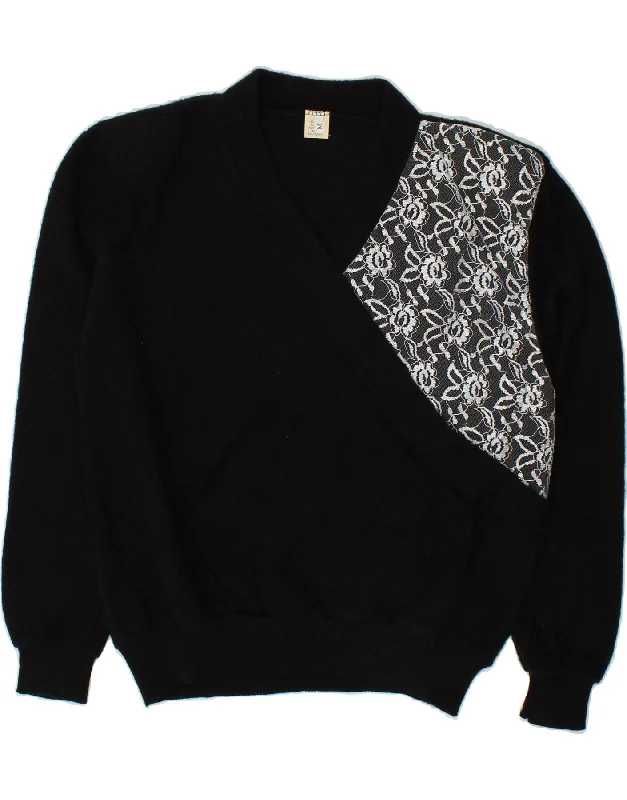 Unmissable Offer VINTAGE Womens V-Neck Jumper Sweater UK 14 Medium Black Floral