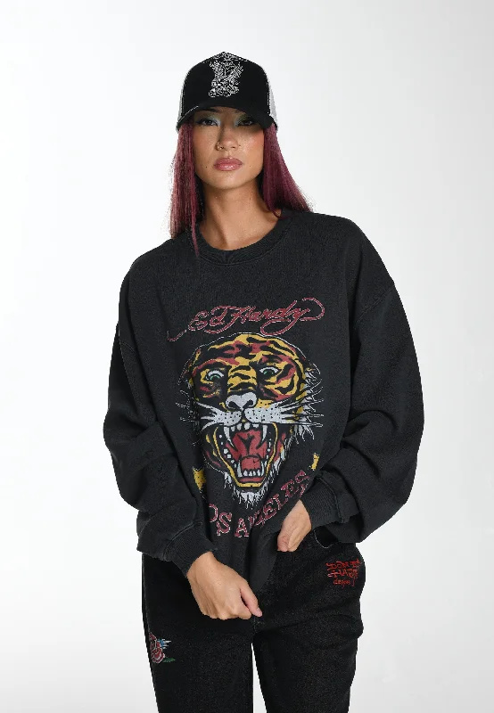 Special Offer Womens Tiger-Vintage-Roar Graphic Relaxed Crew Neck Sweatshirt - Black