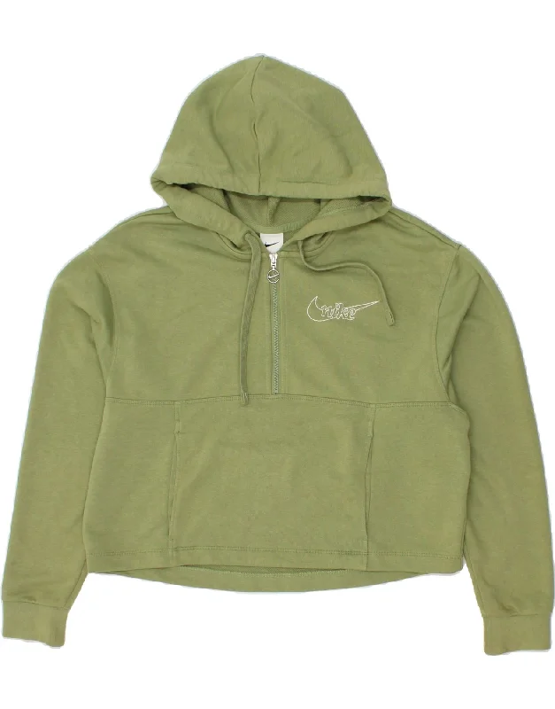 Deal Dash NIKE Womens Oversized Crop Hoodie Jumper UK 10 Small Khaki Cotton