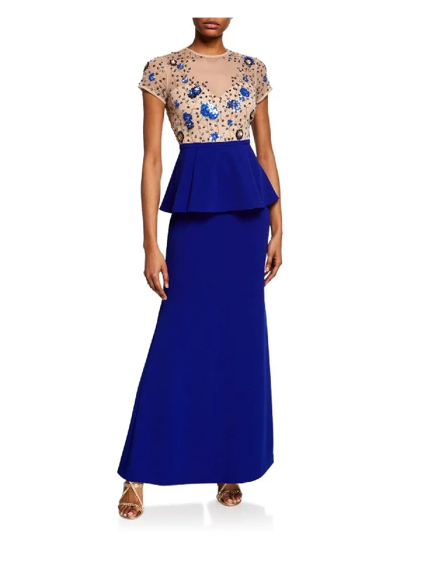 Today Only AIDAN MATTOX Womens Sequined Floral Short Sleeve Illusion Neckline Maxi Formal Sheath Dress