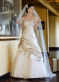 Online Exclusive David's Bridal Satin Ball Gown with Appliques and Tulle Underlay