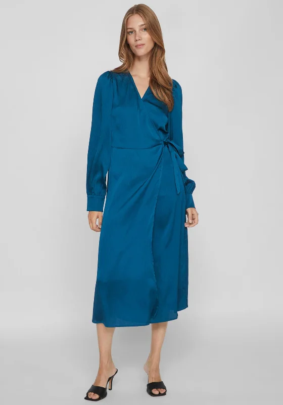 Special Price Vila Omi Satin Wrap Midi Dress, Moroccan Blue