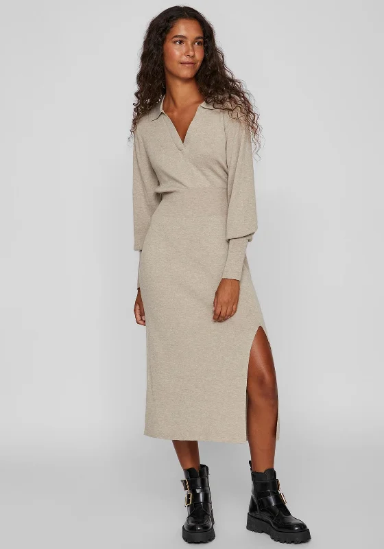 Super Deal Vila Marla Fine Knit Midi Jumper Dress, Natural Melange