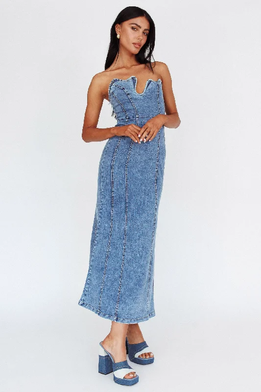 Major Savings Horizon Strapless Wavy Neckline Midi Denim Blue