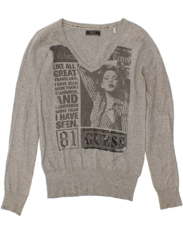 Deal Dash GUESS Womens Graphic V-Neck Jumper Sweater UK 10 Small Grey Cotton