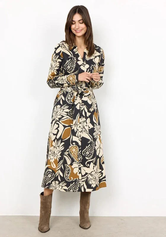 Inventory Reduction Soyaconcept Tamaya Floral Print Midi Shirt dress, Camel