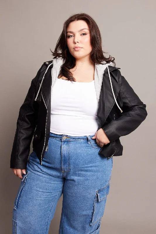 Bargain Prices Black Faux Leather Jacket With Detachable Hood