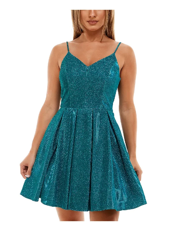 Limited Availability B DARLIN Womens Green Pleated Zippered Adjustable Open Back Glitter Sleeveless V Neck Short Party Fit + Flare Dress Limited Availability B DARLIN Womens Green Pleated Zippered Adjustable Open Back Glitter Sleeveless V Neck Short Party Fit + Flare Dress