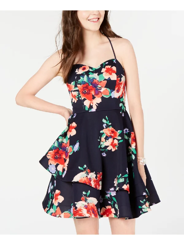 Stock Clearance SEQUIN HEARTS Womens Navy Ruffled Floral Spaghetti Strap Sweetheart Neckline Short Party Fit + Flare Dress Stock Clearance SEQUIN HEARTS Womens Navy Ruffled Floral Spaghetti Strap Sweetheart Neckline Short Party Fit + Flare Dress