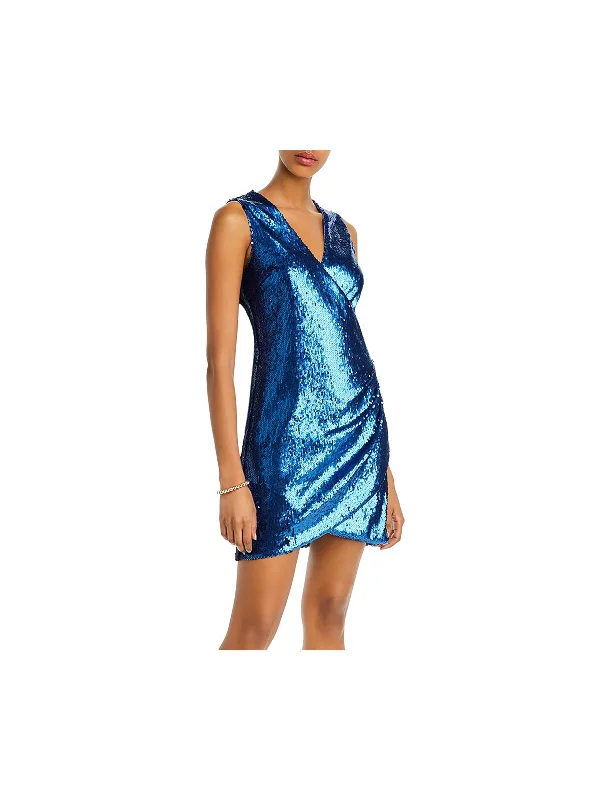 Act Now AQUA Womens Blue Sequined Sleeveless V Neck Mini Party Body Con Dress