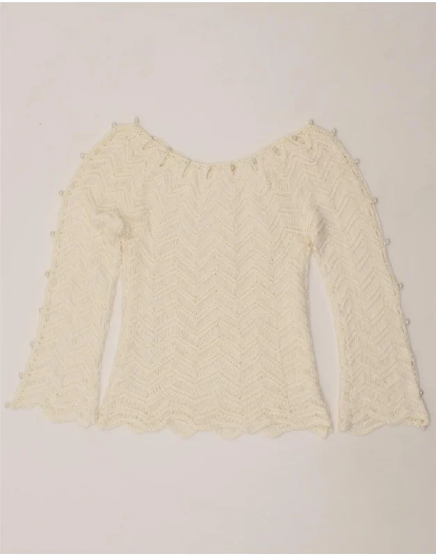 Today’s Deal VINTAGE Womens Crop Boat Neck Jumper Sweater UK 6 XS White Chevron Cotton