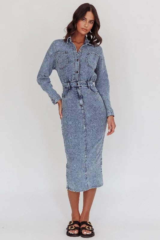 Buy More, Save More Light Inside Long Sleeve Midi Dress Denim Blue