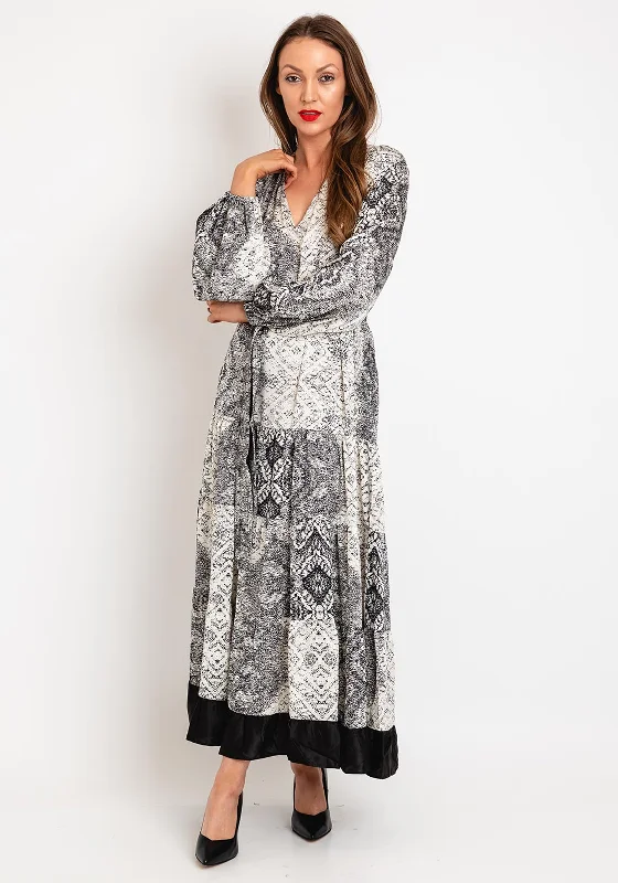 Customer Appreciation Sale Natalia Collection One Size Patchwork Print Satin Tiered Maxi Dress, Black & White