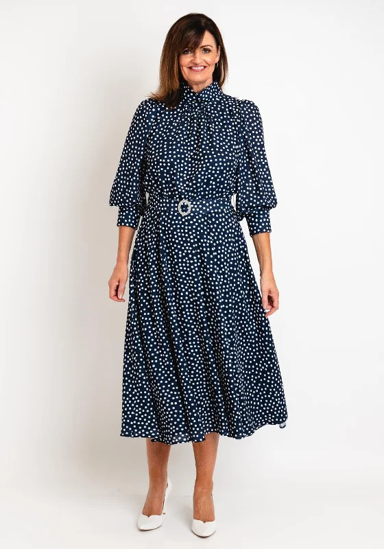 Price Slash Claudia C Sofia Puff Sleeve Polka Dot Maxi Dress, Navy