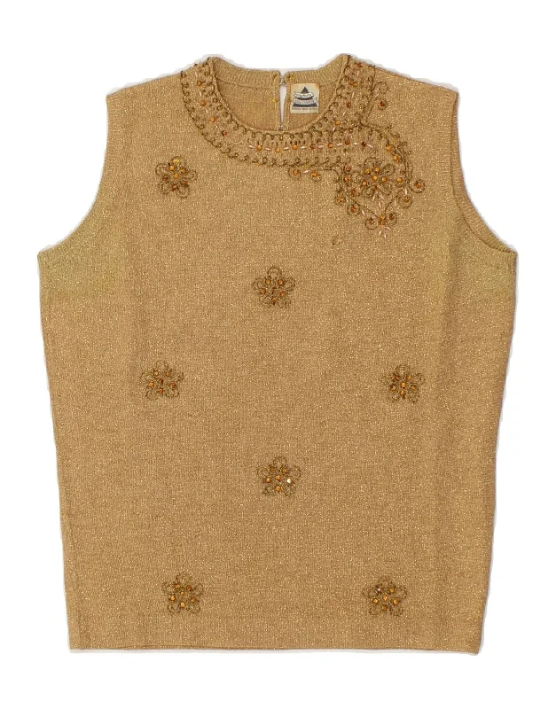 Instant Savings LUISA SPAGNOLI Womens Crop Vest Tank Top UK 12 Medium Gold Flecked
