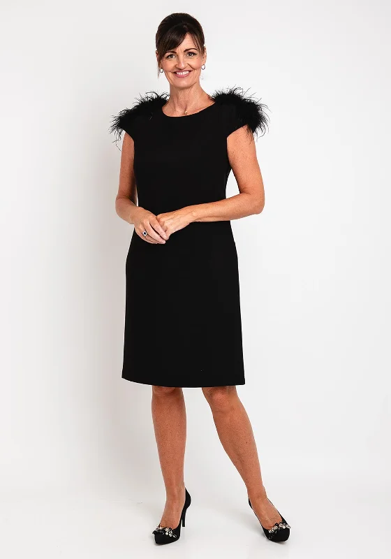 Buy Now Camelot Feather Trim Shoulder Knee Length Dress, Black