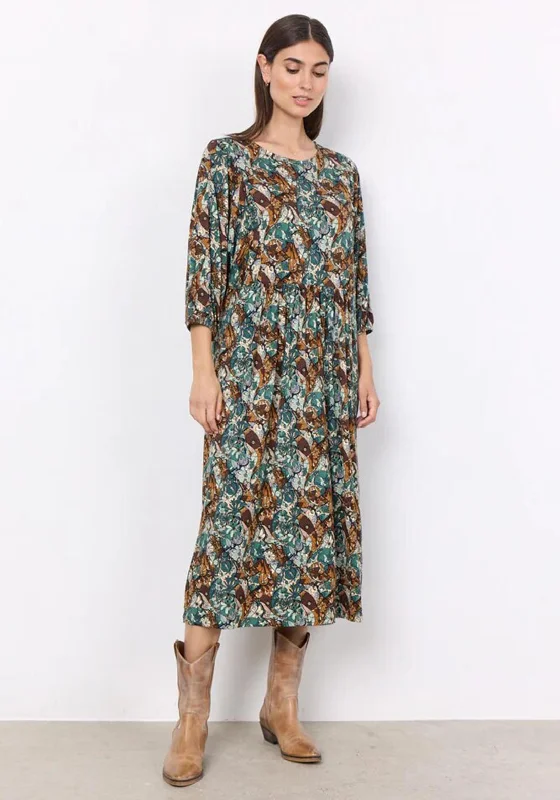 Price Fest Soyaconcept Marica Puff Sleeve Floral Print Midi Dress, Dark Green