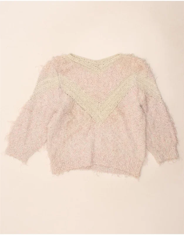 Huge Discounts VINTAGE Womens Boat Neck Jumper Sweater UK 16 Large Pink Colourblock