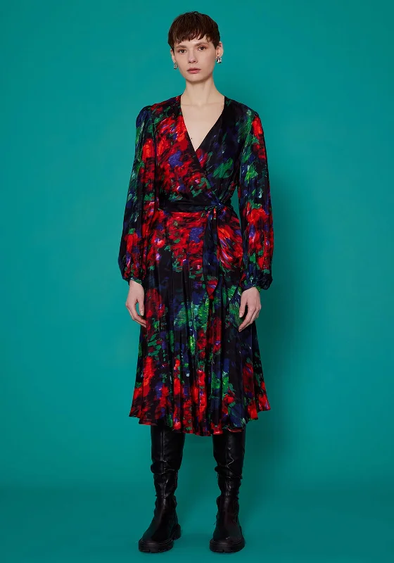 Holiday Sale Birelin Balloon Sleeve Wrap Print Midi Dress, Black