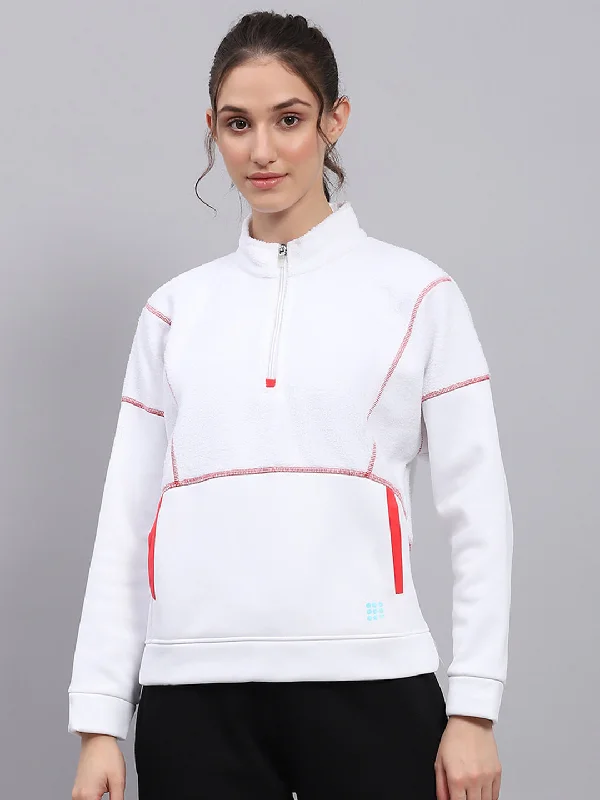 Extra Savings Women White Solid Mock Neck Full Sleeve Sweatshirt