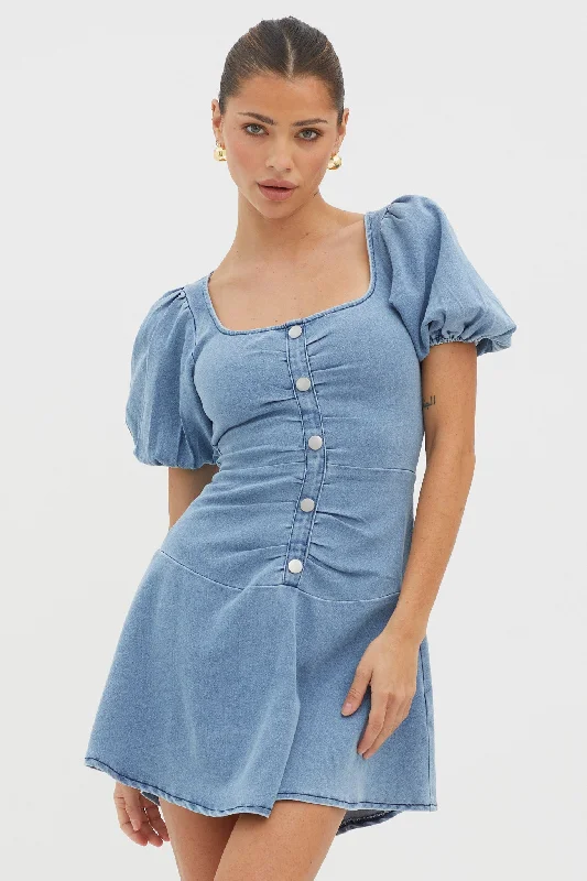 Best Bargains New Heights Puff Sleeve Mini Dress Denim Blue
