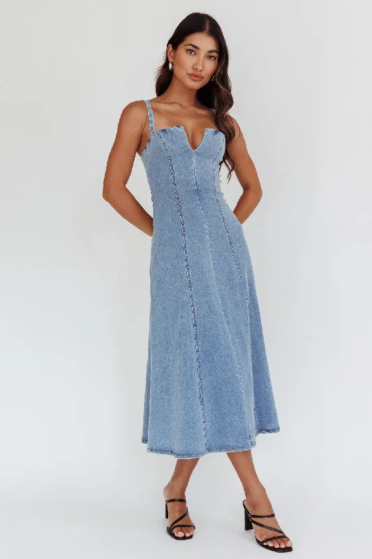Hurry In Catch My Drift A-Line Midi Dress Denim Blue