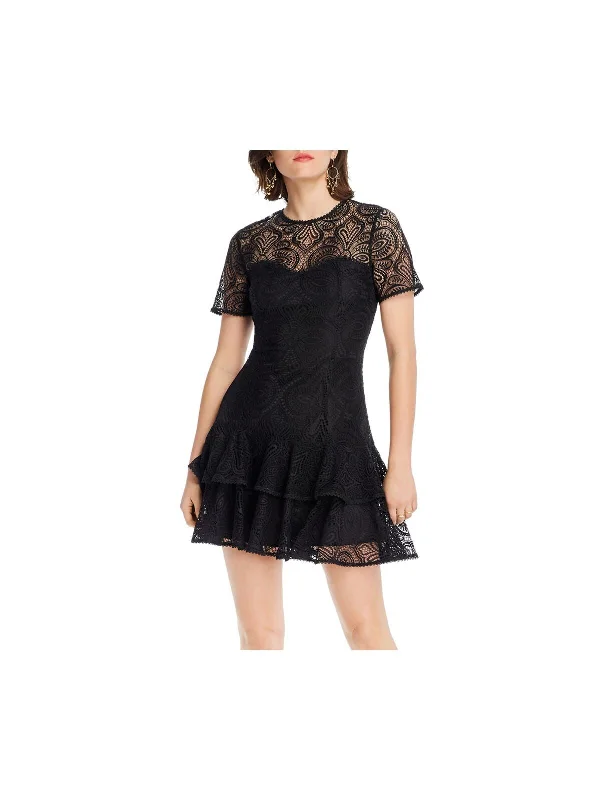 Seasonal Sale LINI Womens Black Lace Illusion Neckline Short Evening Fit + Flare Dress Seasonal Sale LINI Womens Black Lace Illusion Neckline Short Evening Fit + Flare Dress