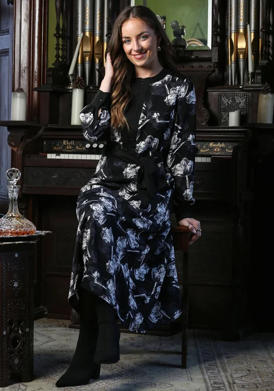 Best Bargains Rant and Rave Thalia Monochrome Floral Midi Dress, Black