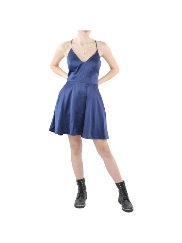 Crazy Deals B DARLIN Womens Navy Stretch Zippered Pocketed Lace Back Lined Sleeveless V Neck Short Party Fit + Flare Dress Crazy Deals B DARLIN Womens Navy Stretch Zippered Pocketed Lace Back Lined Sleeveless V Neck Short Party Fit + Flare Dress