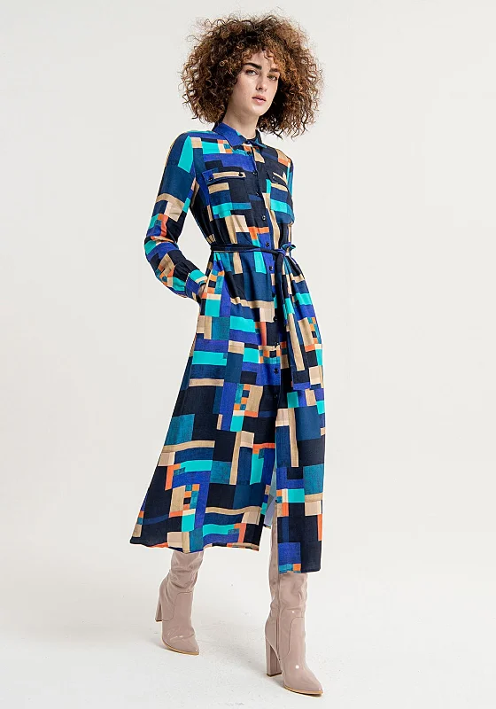 Can't Be Beat Surkana Abstract Print Shirt Maxi Dress, Blue