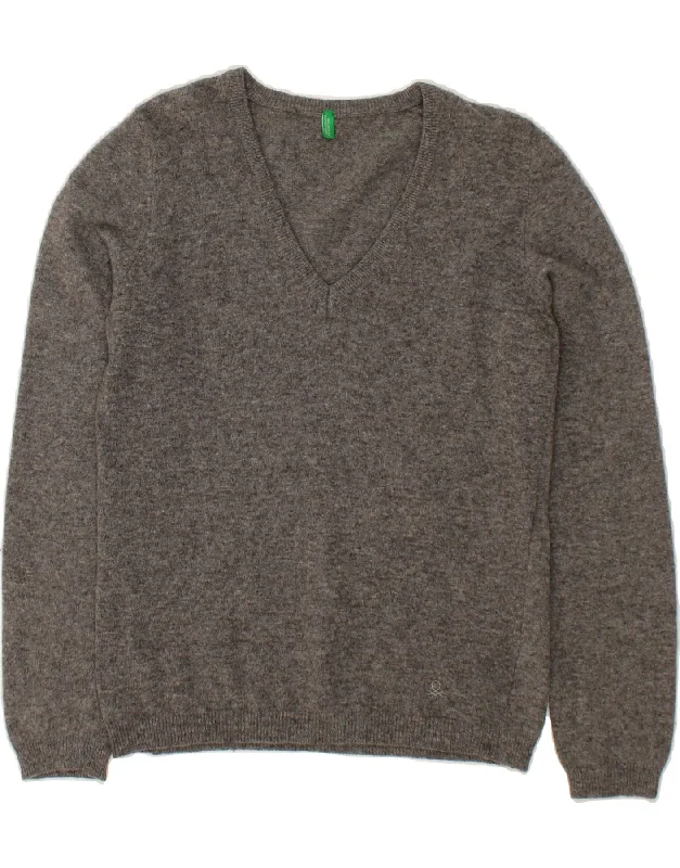 Midnight Sale BENETTON Womens V-Neck Jumper Sweater UK 12 Medium Grey Wool