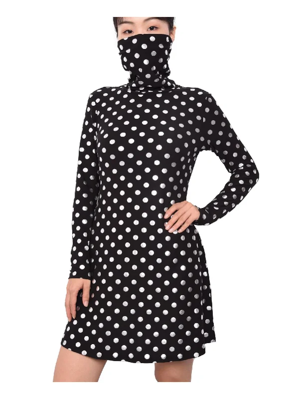 Weekend Special PLANET GOLD Womens Black Polka Dot Long Sleeve Turtle Neck Above The Knee Fit + Flare Dress Weekend Special PLANET GOLD Womens Black Polka Dot Long Sleeve Turtle Neck Above The Knee Fit + Flare Dress