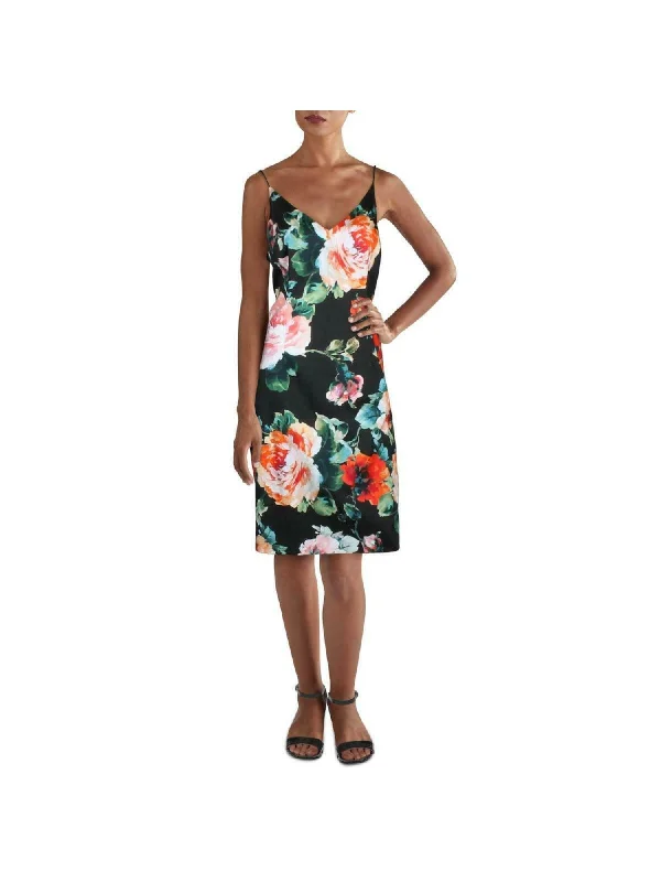 Exclusive Access BLACK HALO Womens Black Zippered Seamed Floral Spaghetti Strap V Neck Above The Knee Sheath Dress Exclusive Access BLACK HALO Womens Black Zippered Seamed Floral Spaghetti Strap V Neck Above The Knee Sheath Dress